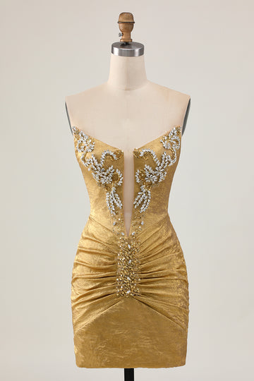 Strapless Golden Bodycon Homecoming Dress With Appliques